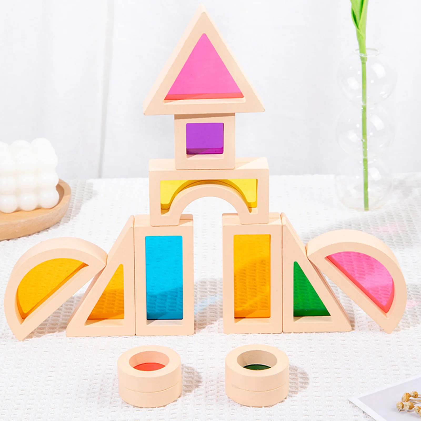 25Pcs Stacking Blocks Montessori Wooden Toy Sensory Rainbow Mirror Blocks Wood Stacking for Parent Child Game Gifts Decor