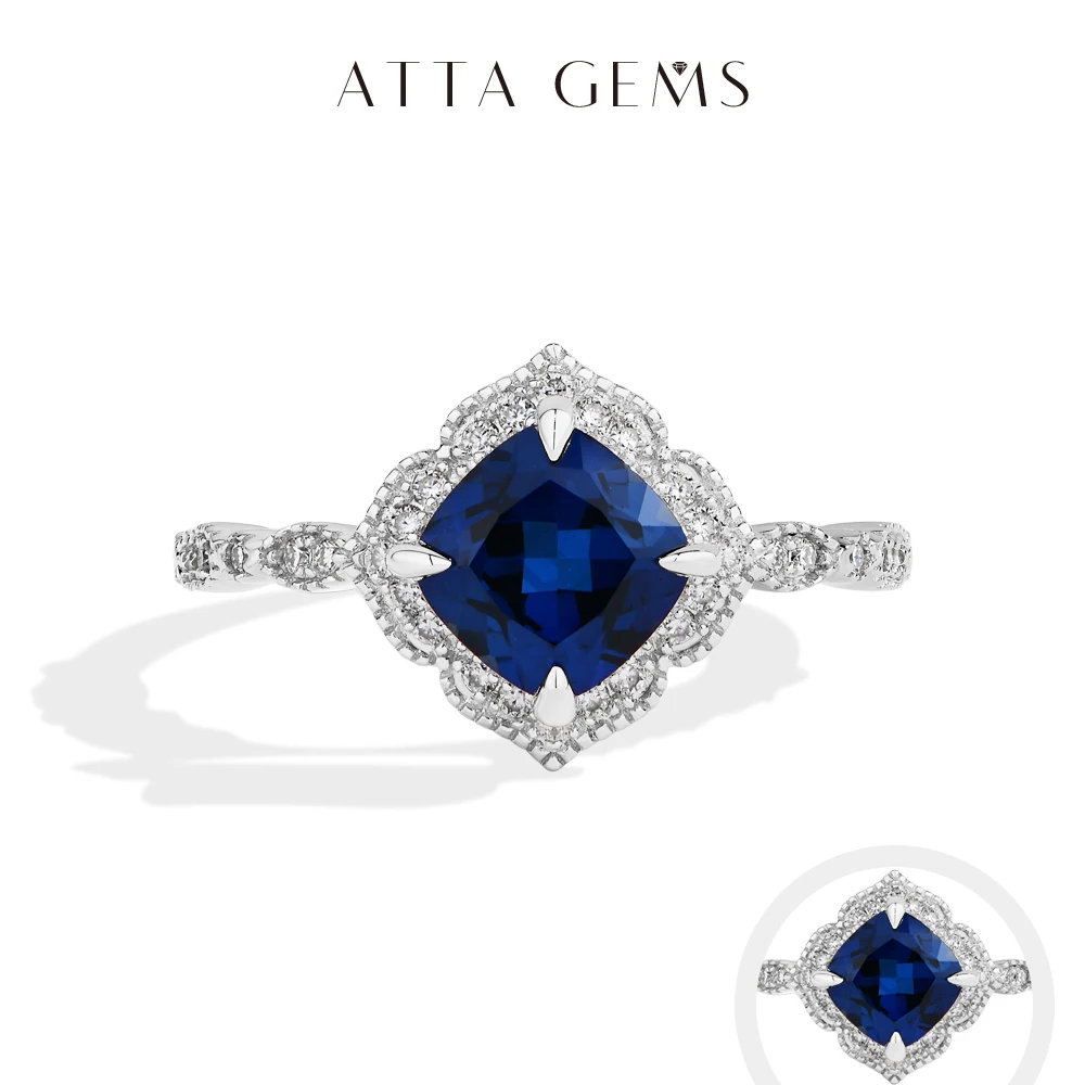 ATTAGEMS Classical Blue Sapphire Ring Cushion Cut 2.0ct DVVS1 Real 925 Sterling Silver For Women Engagement Wedding Fine Jewelry