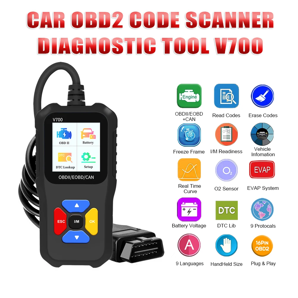 자동차 전체 시스템 코드 리더 스캐너 OBDII/EOBD V700 OBD 자동차 진단 도구 V318, OBD2, 2023 신제품