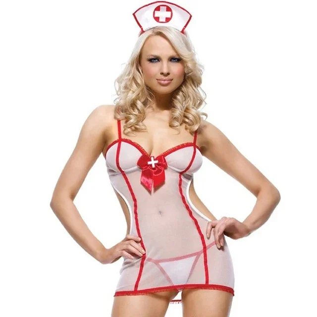 Sexy Student Uniform Cosplay Mini Skirt and Thong Set Mesh Triangle Corset Soft Pajamas Sex Maid Costume Mini Nurse Dress