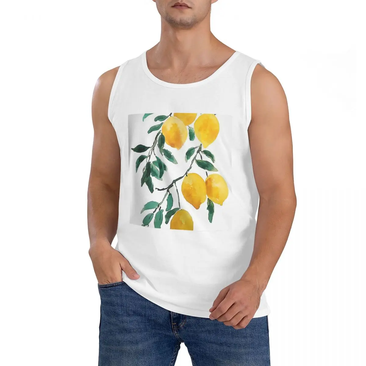 Camiseta sin mangas 100% algodón con estampado de limón amarillo pintado a mano, ropa deportiva para hombre, tops, chaleco con cuello redondo para hombre