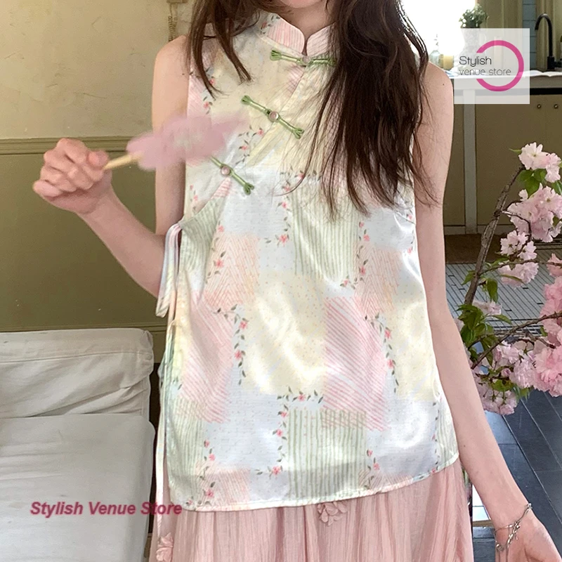 

New Chinese color printing strap stand-up sleeveless shirt women's beautiful summer fashion stitching buckle temperament top