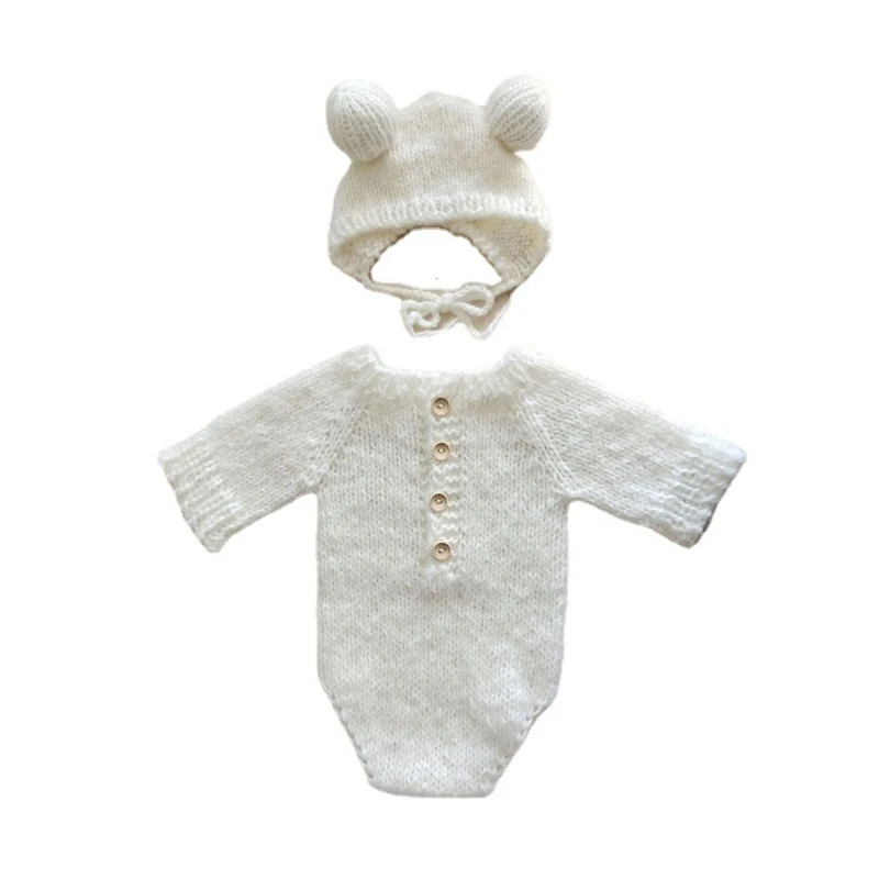 

2 Pcs Newborn Photography Props Crochet Outfit Baby Romper Hat Set Infants Photo Knit Bear Ears New Dropship