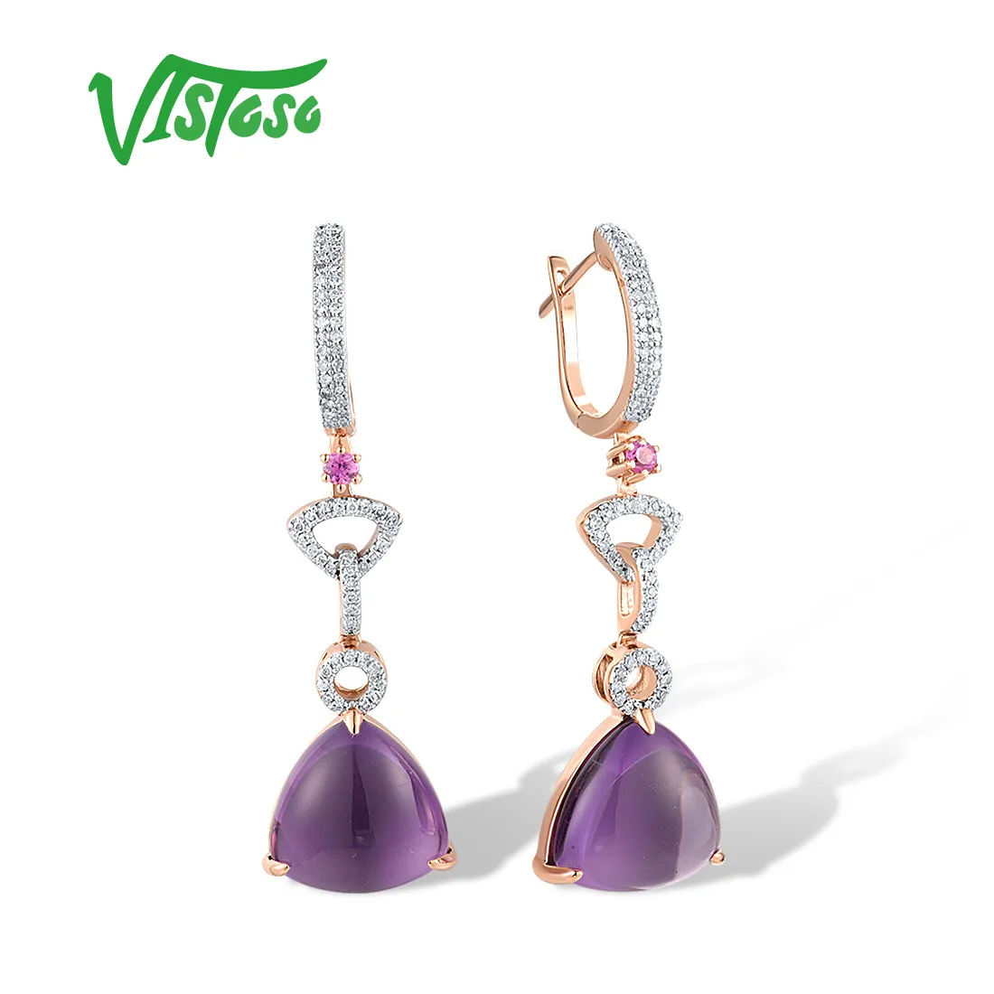 

VISTOSO Genuine 14K 585 Rose Gold Drop Earrings For Women Sparkling Diamond Elegant Amethyst Pink Sapphire Wedding Fine Jewelry