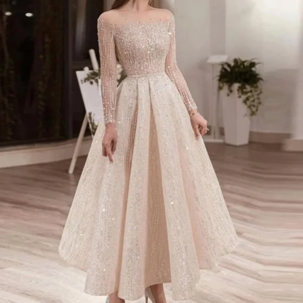 Luxurious Beige Sequin Flesh Midi Evening Gown Women Party Long Sleeve Magic Collar Ankle Arrabic Bridal Formal Dress