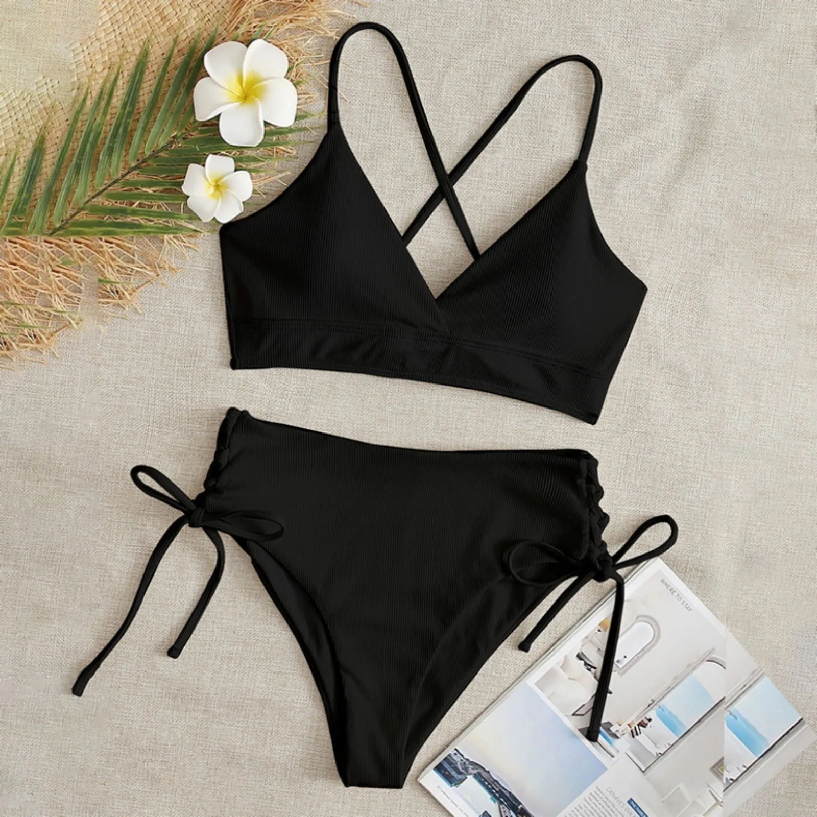 

Ladies V Neck Separate Sexy Split Swimsuits With Big Breasts And Big Cups Solid Color High Waist Lace Up Swimwear Two Piece Set