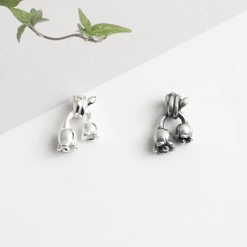 Genuine 925 Silver Lily of the Valley Charm Double Bellflower Pendant Large Hole Spacer for DIY Bracelet Jewelry Making