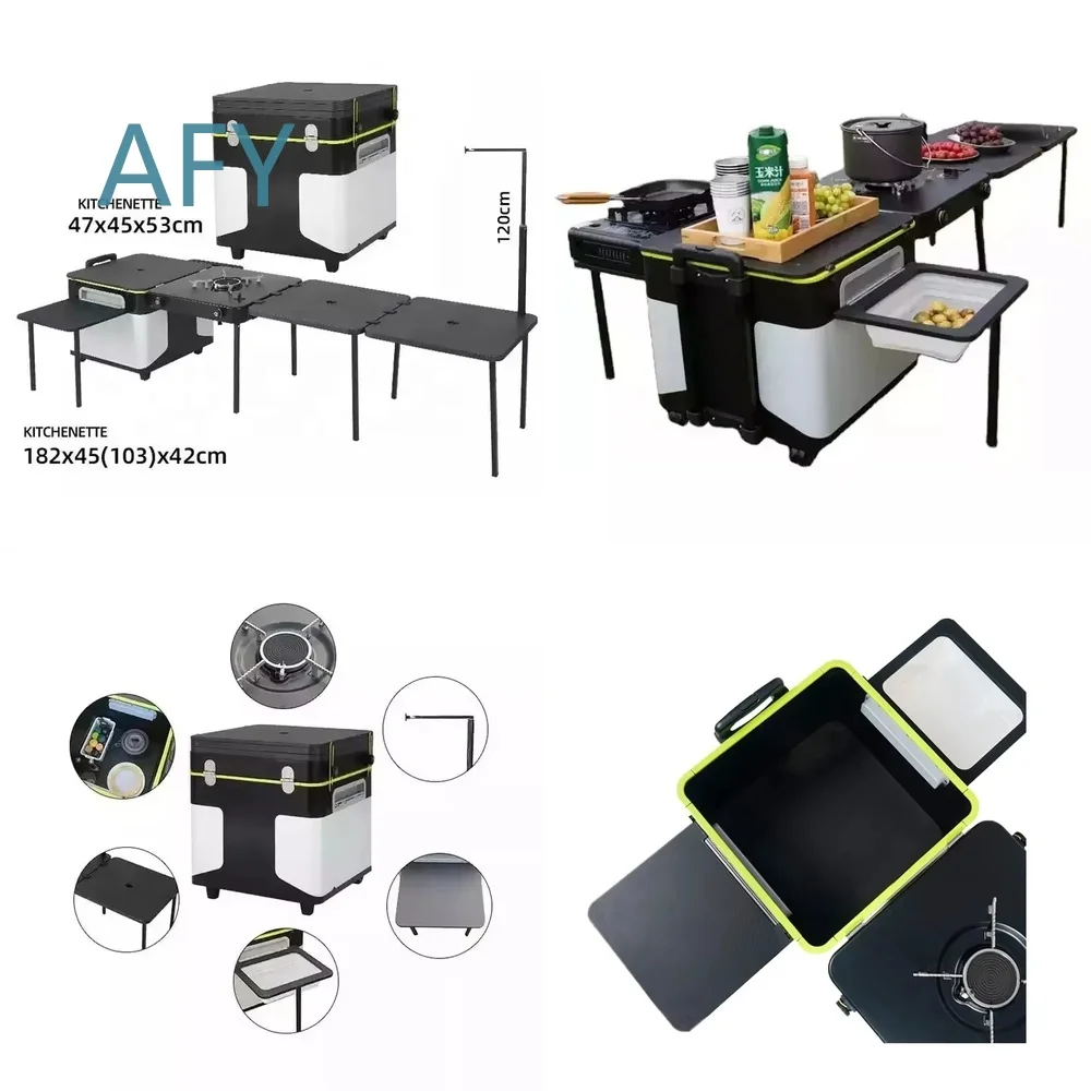 Portable Camping Kitchen Table Outdoor Mobile Kitchen Station for RV Van Car Camping with Cookware Storage Organizer Foldable