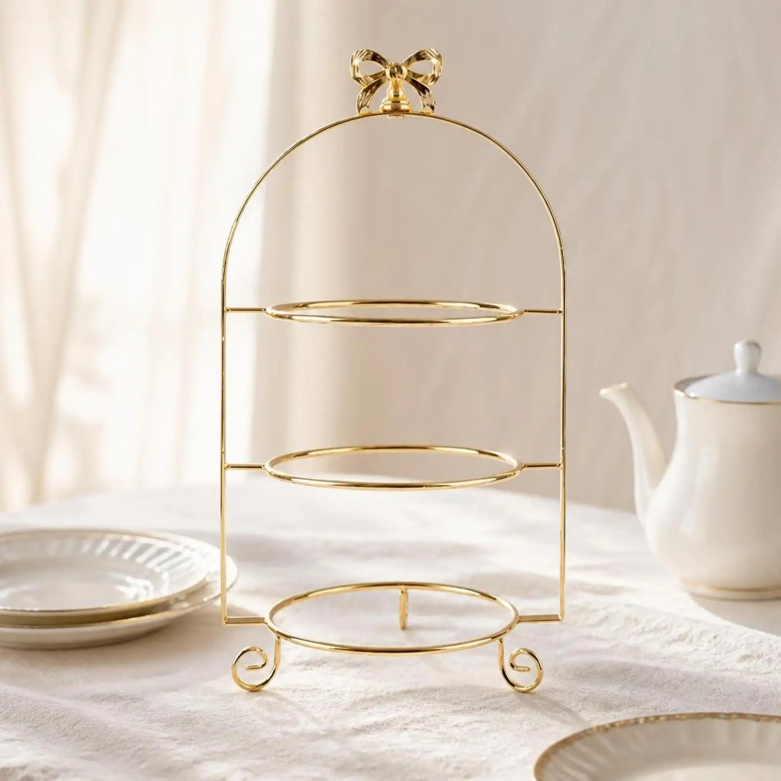 Dessert Display Stand with Bow Top Elegant Tiered Stand with Ceramic Plates Tiered Serving Platter with Frame Easy to Assemble