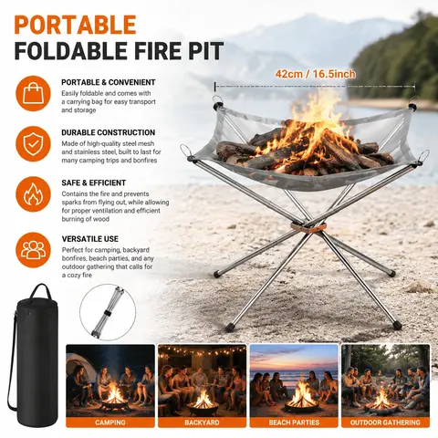 Folding Portable Fire Pit Stainless Steel Steel Mesh Wood Burning Bonfire Rack for Outdoor Camping Backyard Garden with Carrying Bag Easy to Store and Transport for Bonfire Parties Outdoor Gatherings