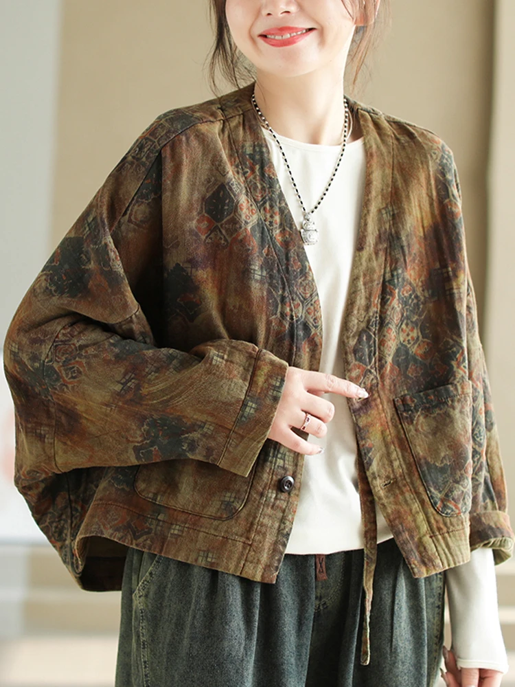 Max LuLu Fall Fashion Design Womens Luxury Loose Printed Linen Jackets Ladies Leisure Vintage Floral V Neck Big Size Outerwear