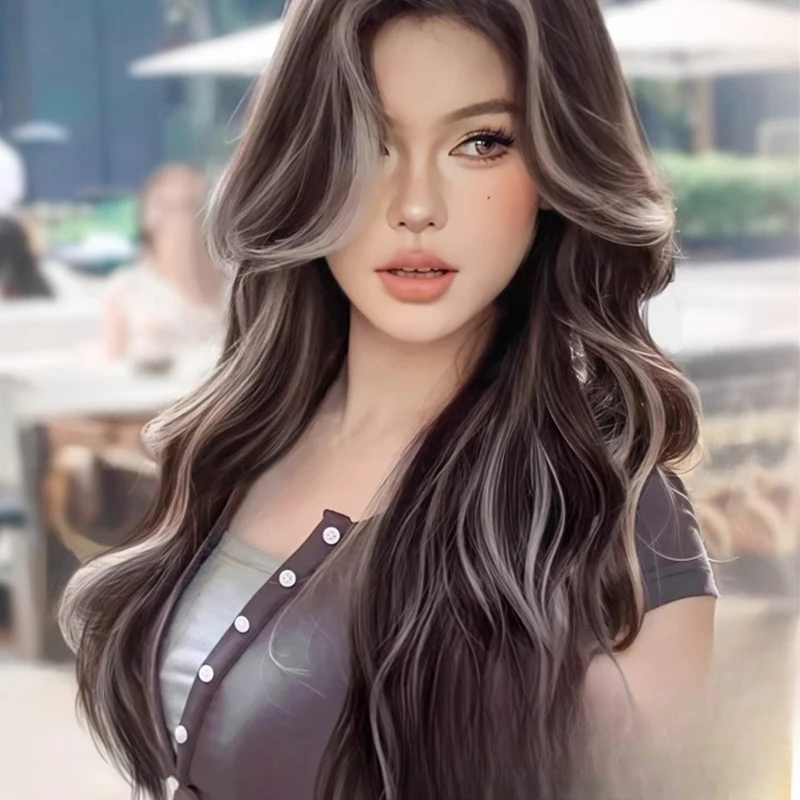 Wig Girls Long Curly Hair Summer Thin Highlights Mixed Blood