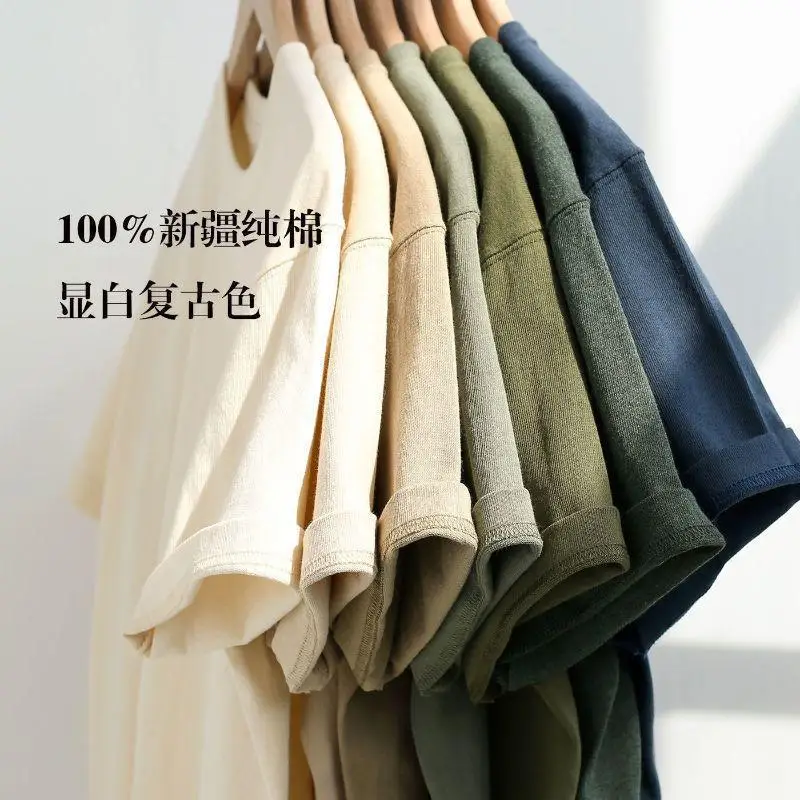 

American Heavyweight Cotton Short Sleeve-Shirt Men, Summer Loose Basic Style, Black And White Half Sleeve Round Neck