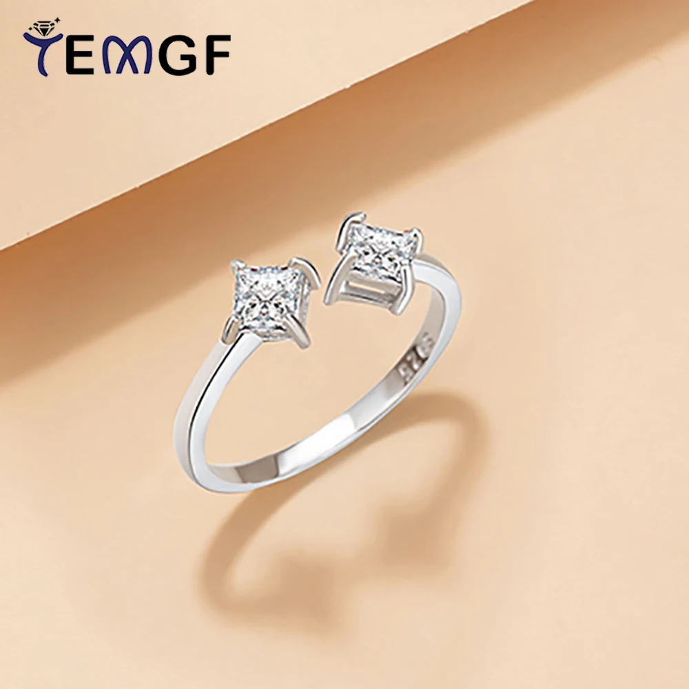 

TEMGF Square Cut Zircon Ring 925 Pure Silver Open Ring for Women Simple Style Fine Jewelry Birthday Gifts Fashion Item