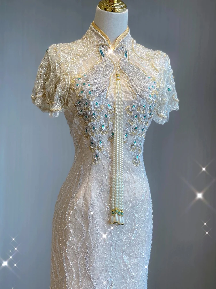 

Элегантное китайское длинное платье-ципао с блестками для свадьбы, помолвки и торжественных мероприятий