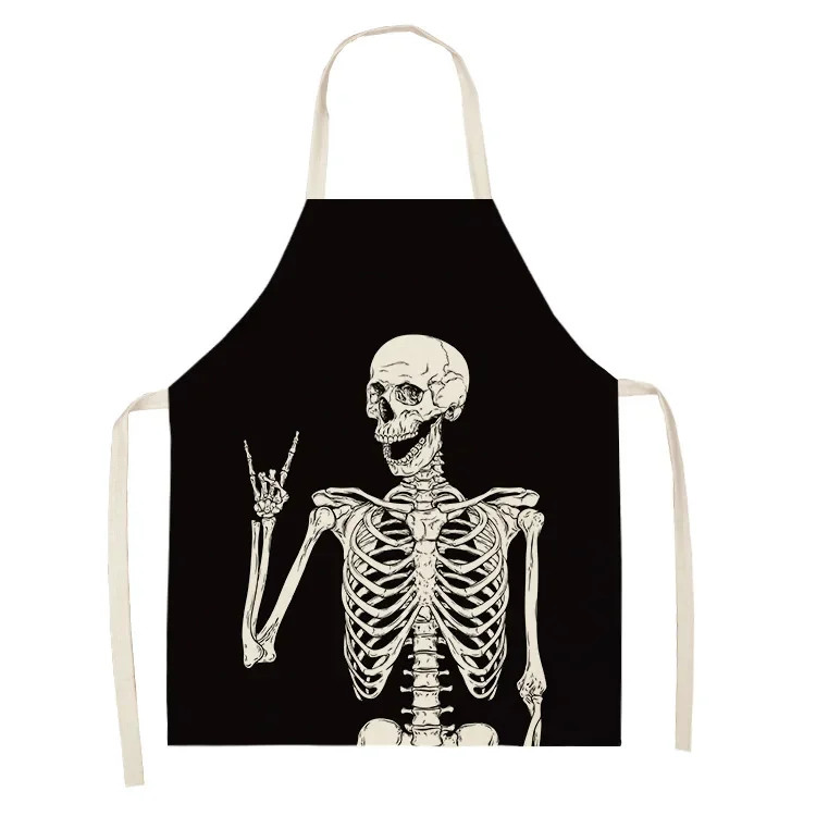 Black Background And White Skull Print Pattern Apron Sci-Fi Style Sleeveless Apron Fashion Party Apron Halloween Dress Up Apron