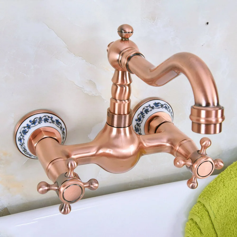 

Antique Red Copper Dual Handles Bathroom Kitchen Sink Faucets Wall Mounted Swivel Spout Two Holes Kitchen Mixer Taps Nnf941