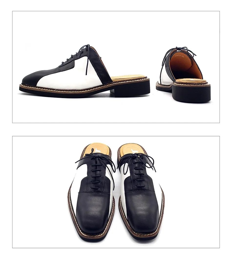 JINIWU 2026 Autumn Winter Black White Mules Full Grain Leather Square Toe Gentleman Slip On Lace Up Closed Toe Slippers for Men