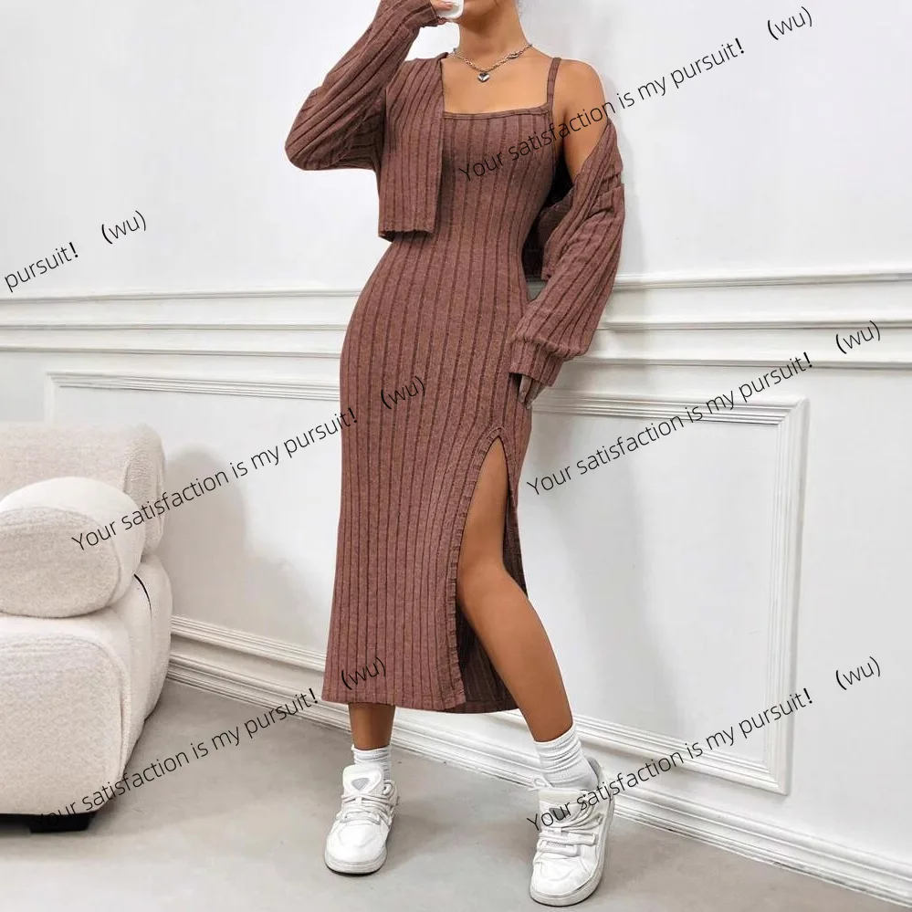 ヨーロッパ、アメリカの秋冬向けニットツーピースセット、スプリットエンドの長袖サスペンダードレスセット