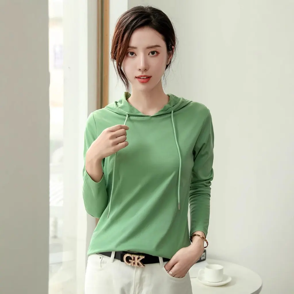 

Women's Mercerized Cotton Hooded Sweater T-shirt Light Luxury Thin Fashionable Base Shirt All-match Spring New