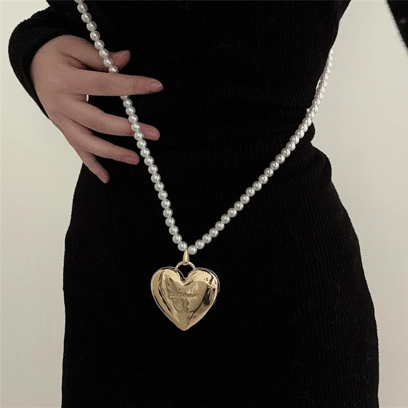 XIALUOKE Vintage Long Pearl Strap Beaded Heart Pendant Necklace Women Wedding Jewelry Embellished Suit Accessory Waist Chain