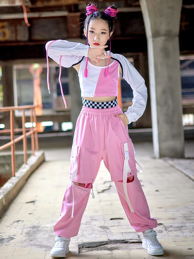 Fashion Kids Clothes Girls Tops Pink Pants Hip Hop Dance Costume Kpop Outfit Concert Festival Clothing Rave Street Wear BL8637