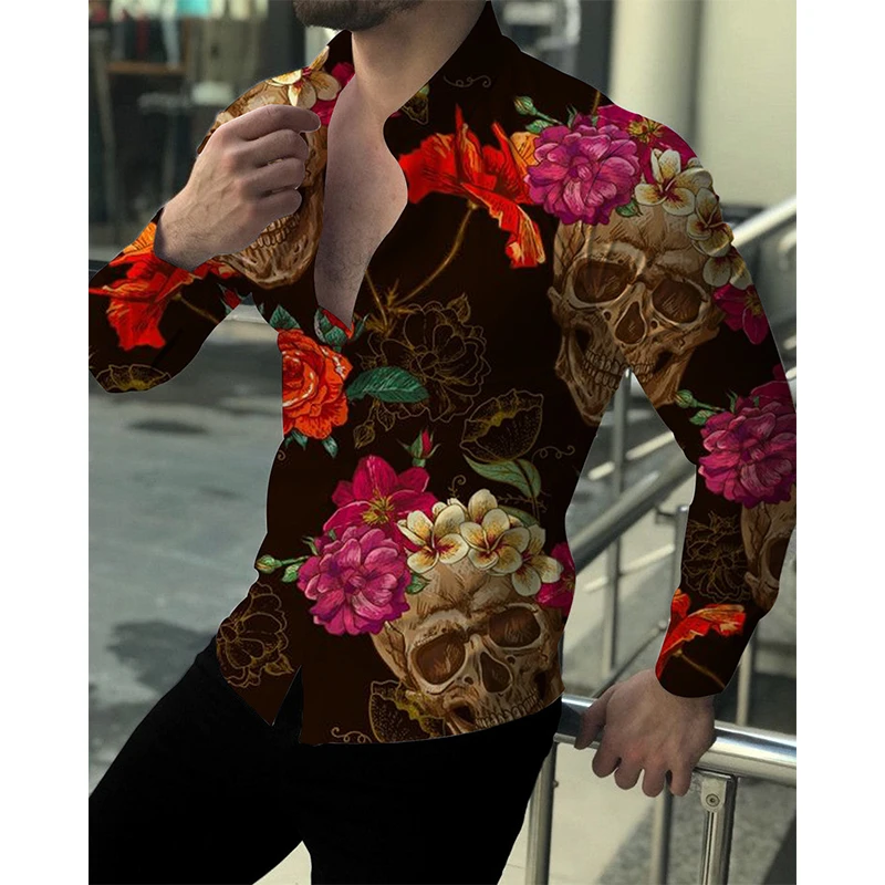 Men Fashion Button‑Up Shirt Modern Creative Pattern Print Long Sleeve Turn‑down Collar Casual Top For Nightclub Holiday Wear