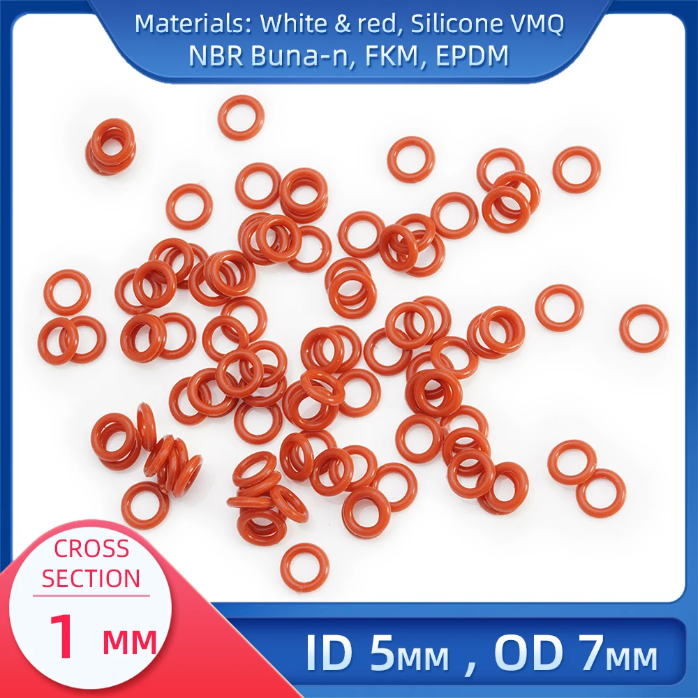 

O Ring CS 1mm ID 5mm OD 7mm Material With Silicone VMQ NBR FKM EPDM ORing Seal Gasket