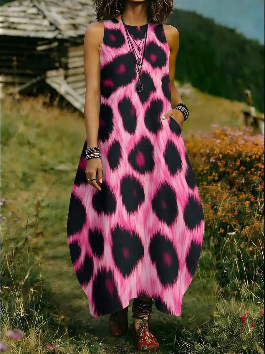 

Sleeveless Round Neck Pink Black Leopard Print Knit Dress Casual Summer Women