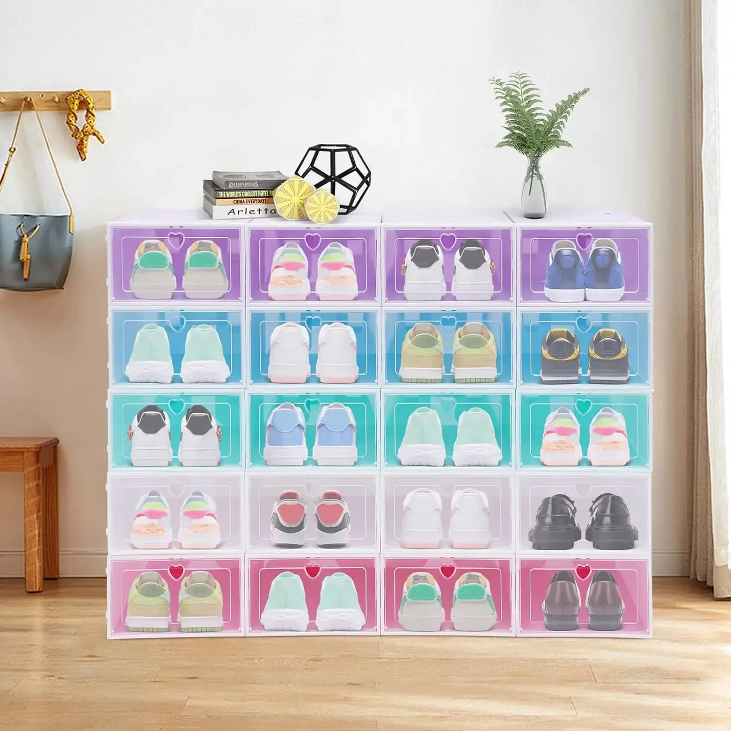 Colorful Shoe Storage Box Stackable Clear Plastic Shoes Organizer for Closet Space Saving Foldable Rack Bin Holder with Lids