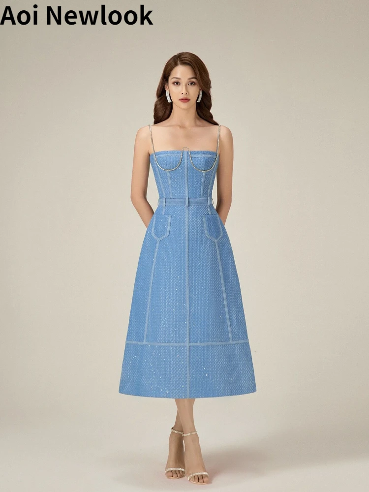 

Aoi French Style Denim Dress Women High Quality Luxury Rhinestone Elegant Vestibule Slim Sling Long Skirt Y2k Summer 2023 New