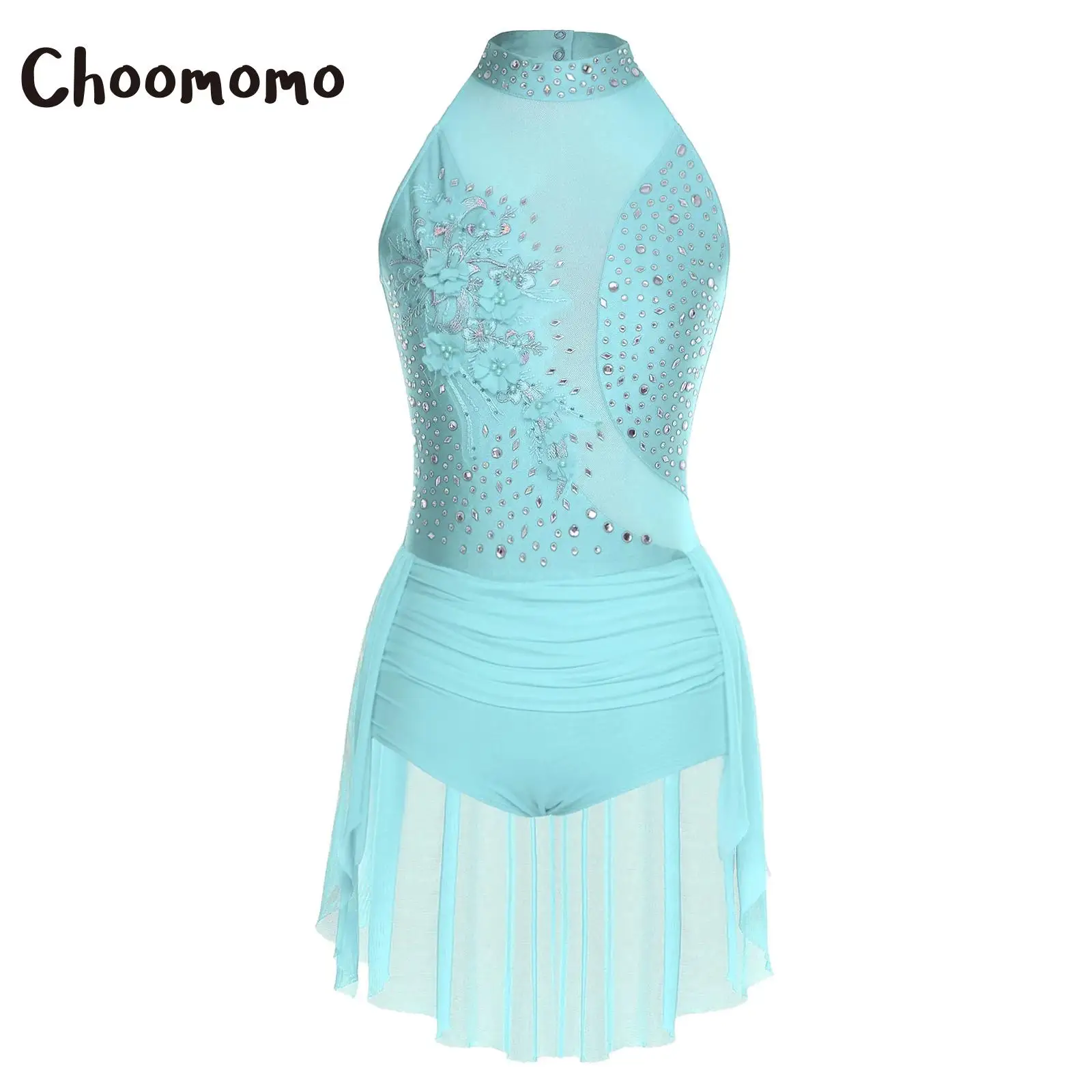 

Women Latin Cha-cha Samba Dance Performance Costumes Sleeveless Rhinestone Irregular Skirted Gymnastics Skating Leotard Bodysuit