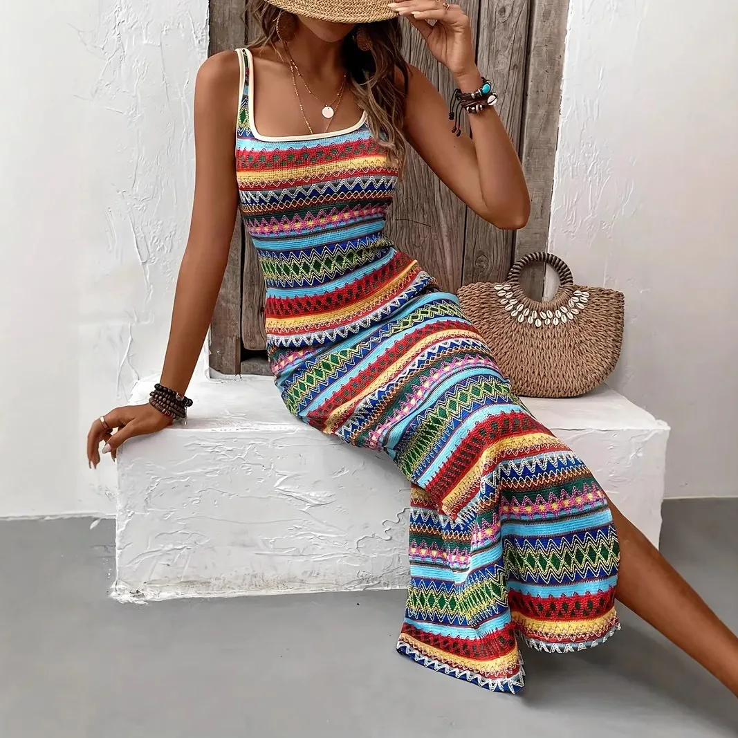 2026 Sommer Neue Bohemian Fit Gestreifte Bluse Damenkleider Elegante Mode Sexy Rockkleid Damen Partykleid Langes Kleid