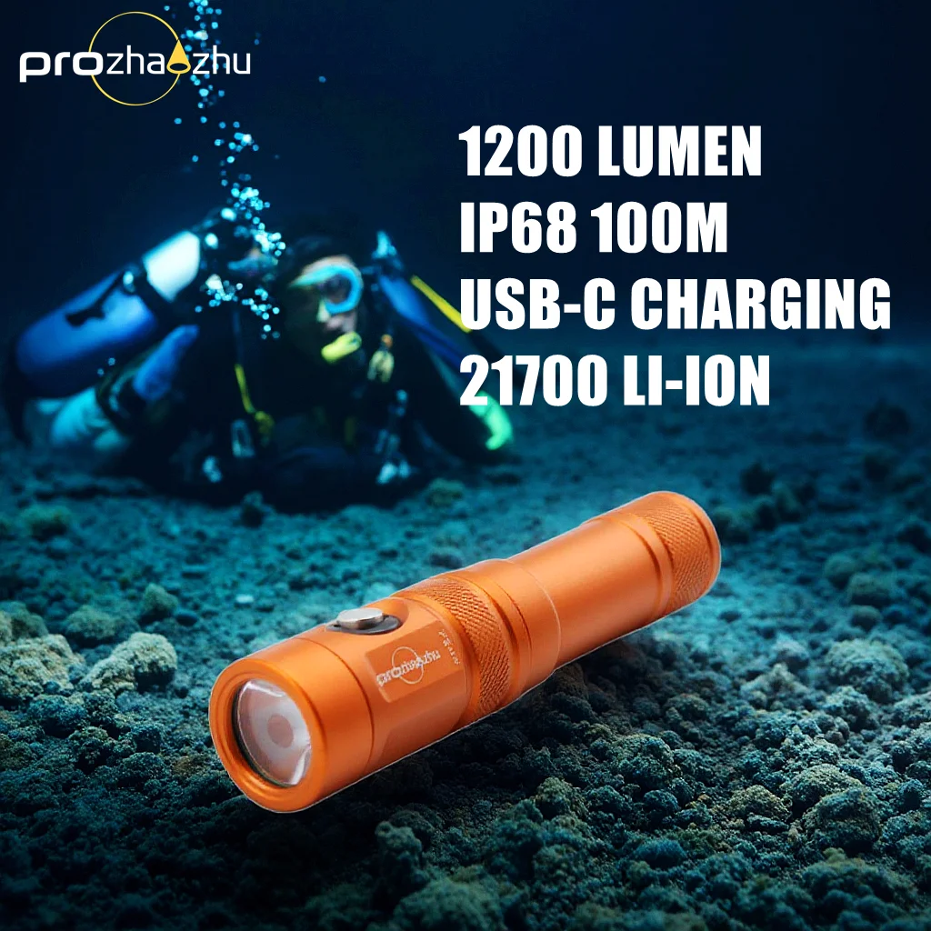 1200 Lumens Diving Flashlight USB-C Charging Aluminum Alloy Scuba Dive Lights 21700 Li-ion IP68 100M