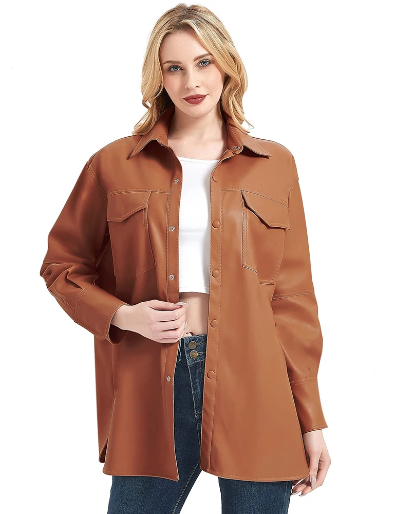 Giolshon Women Motorcycle Faux Leather Shirt Female Blazer Button Down Casual Long Sleeve Jackets PU Casual Spring Outerwear