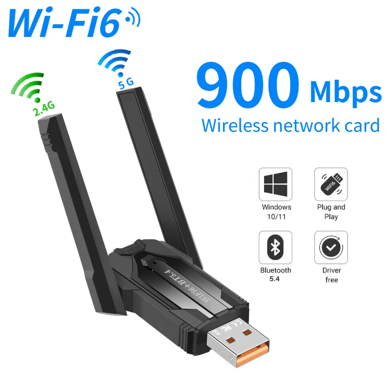 

AX900 WiFi 6 USB-адаптер Bluetooth 5.4 двухдиапазонный 2,4G 5G антенны WiFi6 USB сетевой приемник драйвер Free Win 10/11 для ПК