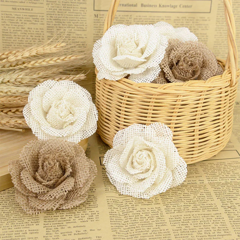 2/3/5Pcs Retro Jute Hessian Burlap Rose Flowers Handmade Artificial Flowers DIY Craft Rustic Wedding Christmas Home Decorations