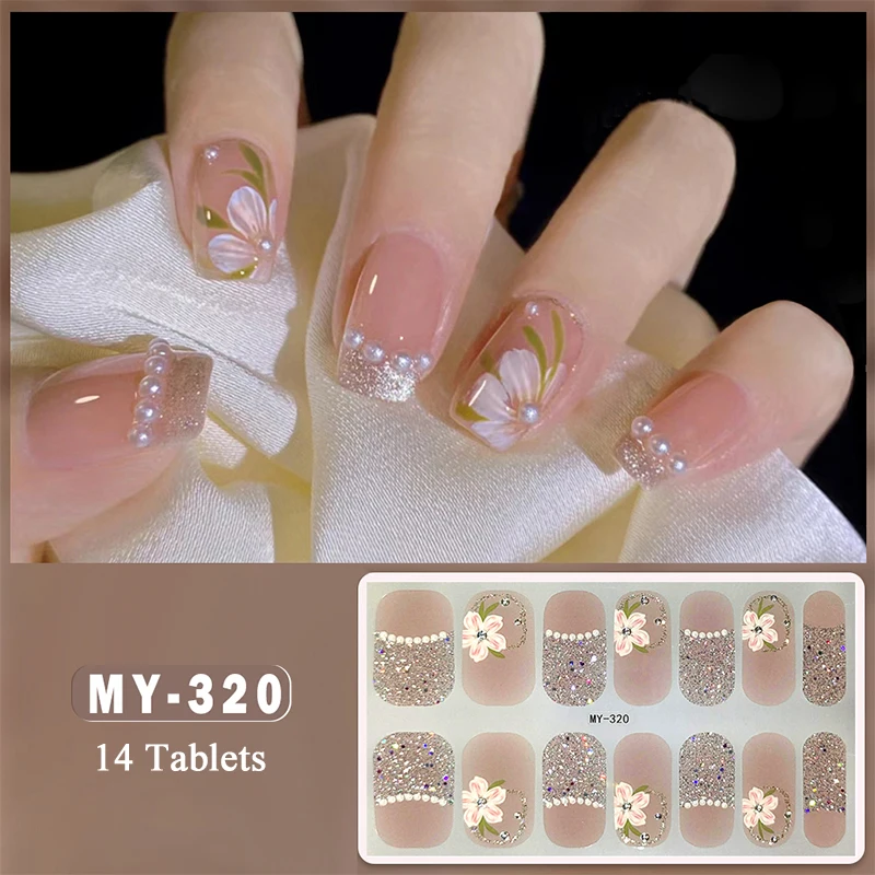 14Tips Glitter Bowknot Full Cover Nail Stickers Shiny Flowers Adhesive Press on Nail Decals Manicure DIY Full Cover Nail Wraps