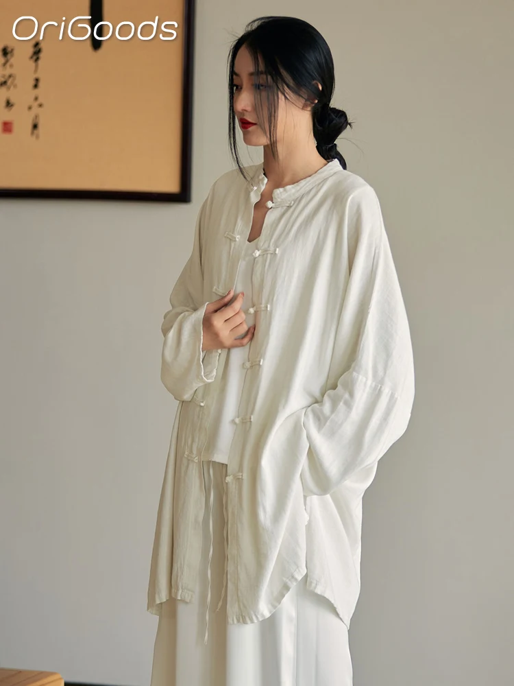 OriGoods Oversized Shirt Women Solid Red Black White Linen Shirts Oversized Chinese Japan Zen Style Long Shirt Blusas Tops B010