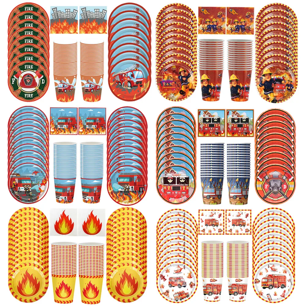 Einweggeschirr-Set mit Feuermotiv, bestehend aus 7- und 9-Zoll-Teller, Tassen, Servietten, Tischdecke, Feuerwehrmann-Geburtstagsparty-Zubehör