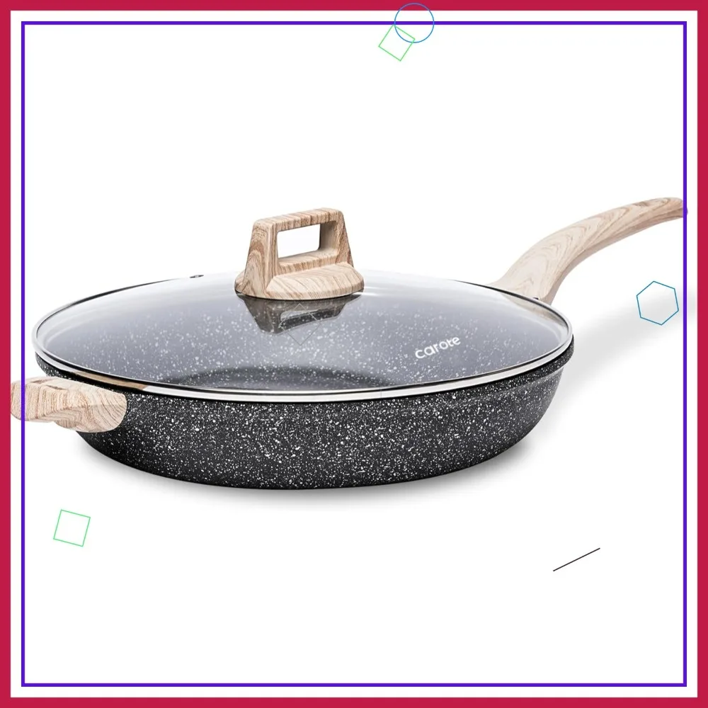 

12.5-Inch Nonstick Frying Pan with Glass Lid, Granite Cookware for Even Heating and Easy Cleaning