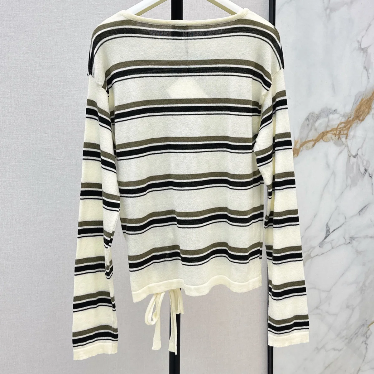 High Quality Women Round Neck Striped Long Sleeve Tops Side Drawstring Cropped Casual Blouse lyt2672894