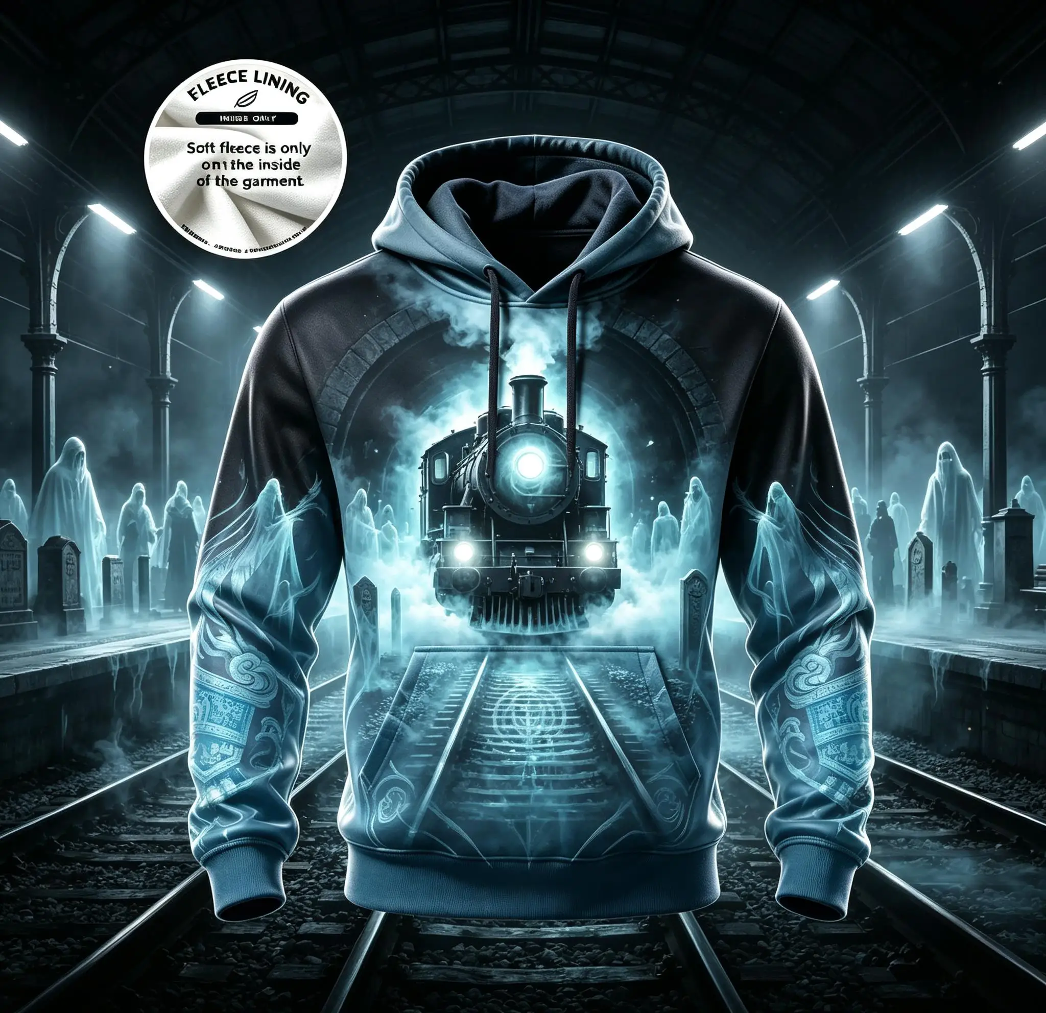 Men Fleece Lined Hoodie Cyan Ghost Train Track Platform Full Print Drawstring Pullover Sweatshirt