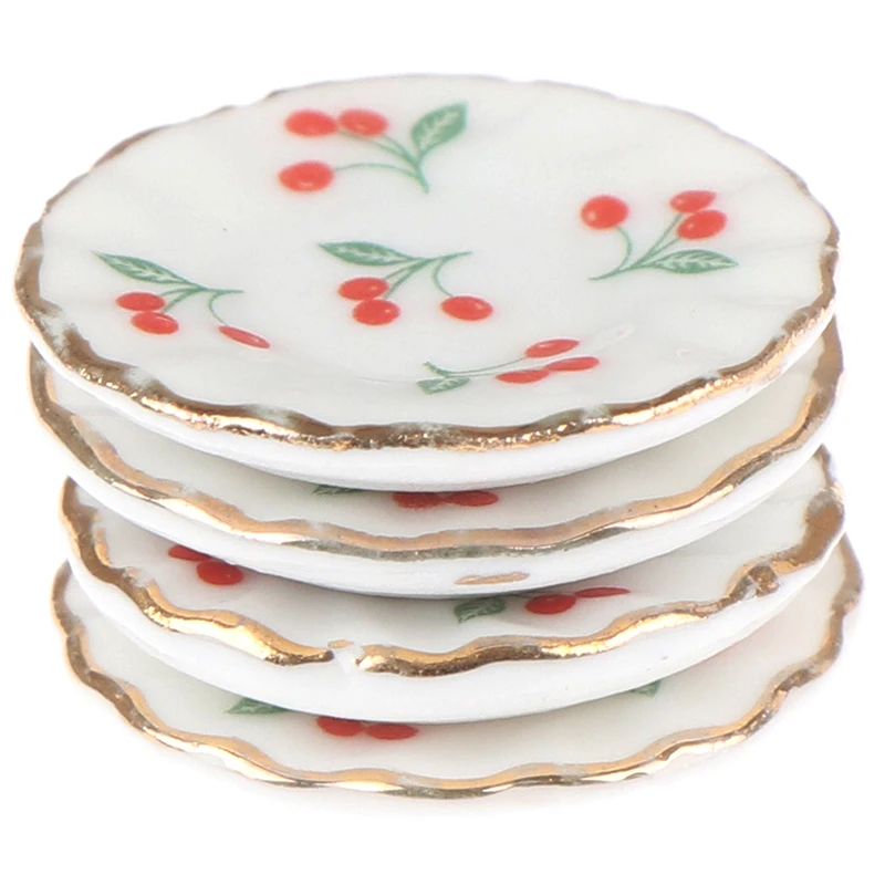 4PCS Kitchen Toys Dollhouse Cherry Trays Plates Doll Durable Mini Food Dishes Tableware Miniature Doll House Accessories