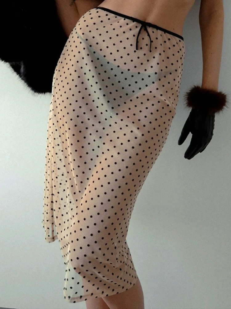 FDYOUI Sexy Polka Dot Print Mesh Skirts 2026 Summer Women See-through Midi Skirt Evening Party Club Outfit Ladies Apricot Dress