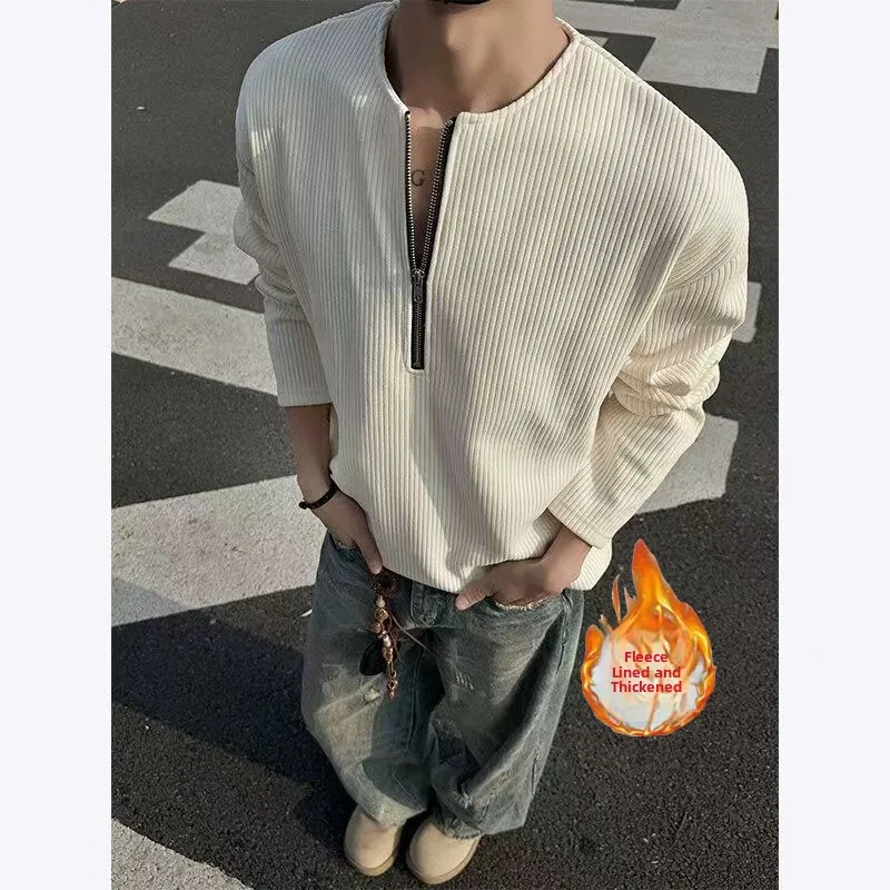 Spring 2025 Men's Long Sleeve T-Shirt Half Zipper Loose Base Shirt Inner Wear Textured Layering High End Feel Polyester