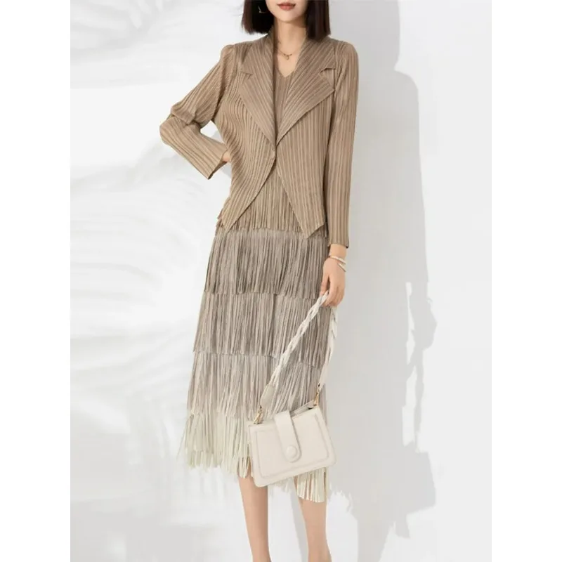 Miyake Pleated Tassel Dress Long Sleeve Shirt Two Piece Set Fashion Elegant Loose Fit Maix Dress Lapel Small Coat Set