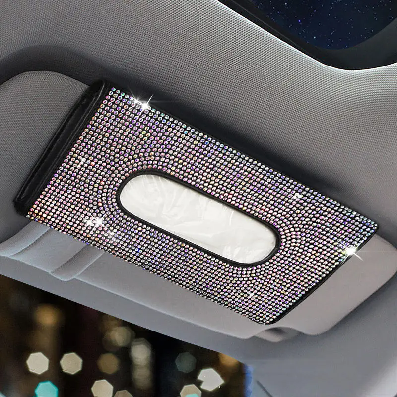 Bling Crystal Rhinestone Car Tissue Holder Sun Visor Napkin Holder Car Visor Tissue Holder Leather Backseat Tissue Case Holder