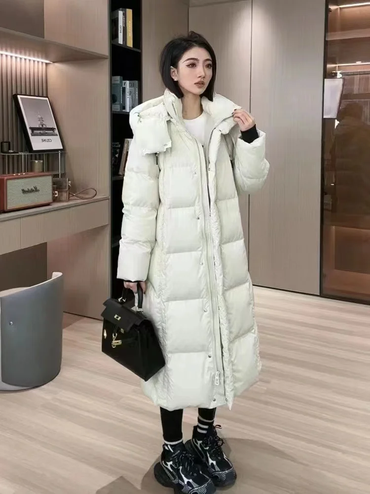 Long Coats Down Women\'s Puffer Jacket Simple Solid Color Casual Hooded Outerwears Windproof Thick Warm Snow Women\'s Down Jacket