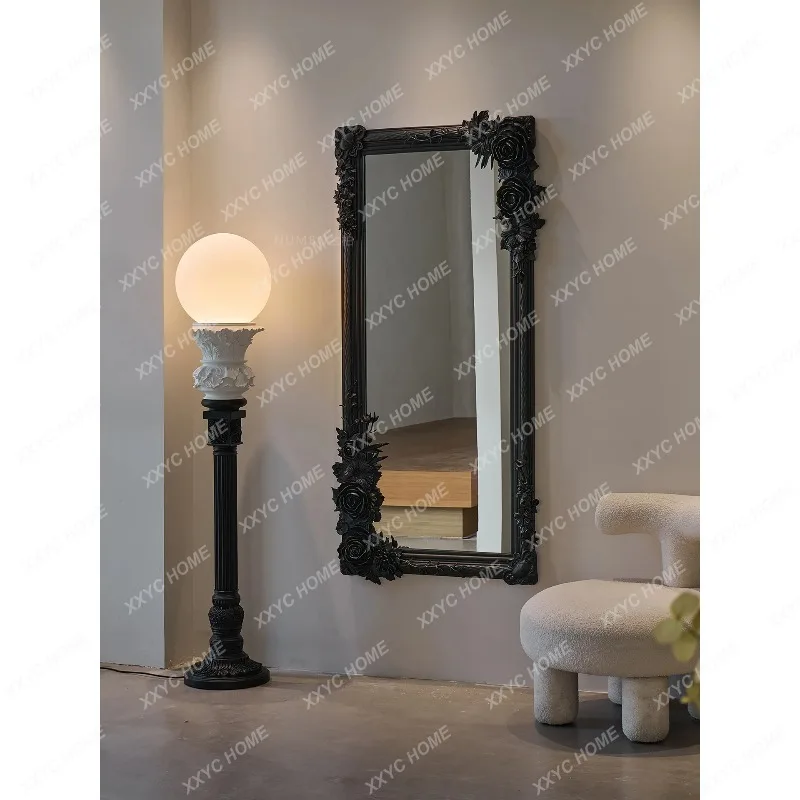 XX Vintage Elegant Black Carved Wall Hanging Full Length Mirror Decor For Villa Beauty Salon Interior Ornament